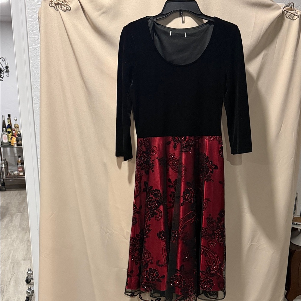 Elegant Black Velvet & Red Floral Skirt Women’s Dress